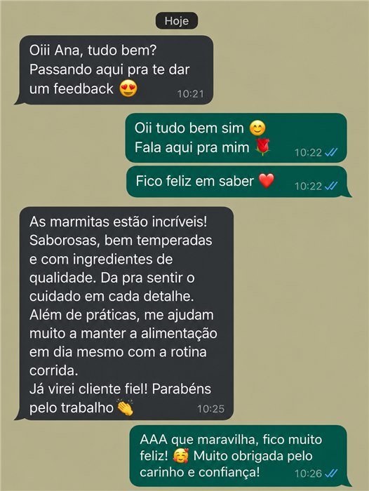 Print de conversa de cliente elogiando a Marmitaria da Ana